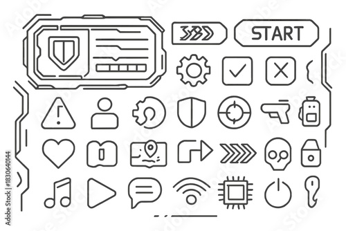 Futuristic user interface elements and gaming icons set for digital display and application design