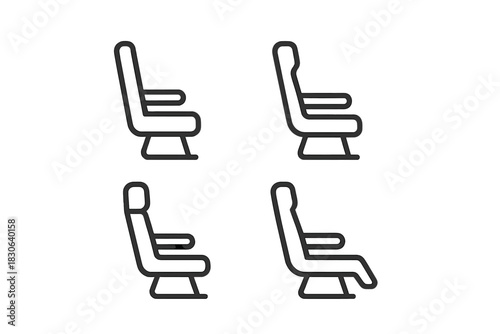 Minimalist line symbols depicting various upright and reclined positions of airplane or public transport seats