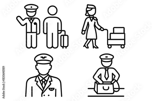 Minimalist design elements for airline personnel, pilot, flight attendant, and passenger