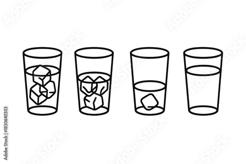 Set of four glasses showing different amounts of liquid and ice cubes in minimalist outline style