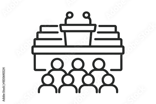 Speaker podium with microphones and an audience attending a conference or presentation