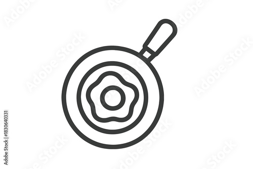Simple black and white outline of a fried egg cooking in a frying pan