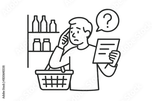 Confused shopper holding a grocery list and basket trying to remember items in the store aisle