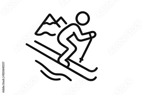Minimalist black graphic of a person skiing down a snowy mountain slope
