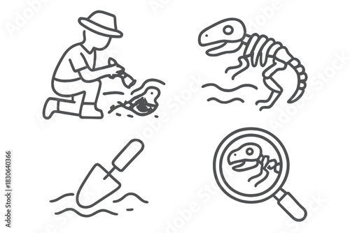 Paleontology icons showing excavation, dinosaur skeleton, digging tools, and fossil discovery under a magnifying glass