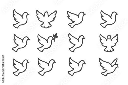 Set of simple line art dove icons symbolizing peace, hope, and spirituality