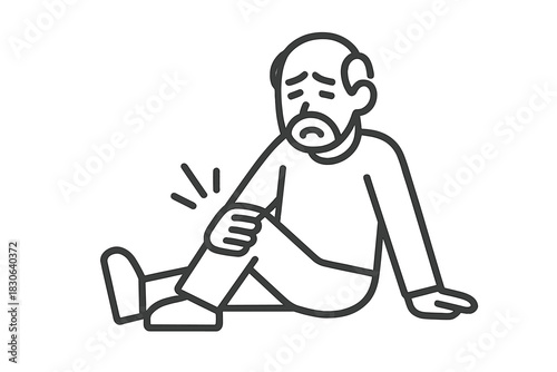Senior man experiencing severe knee pain while sitting on the ground after a fall