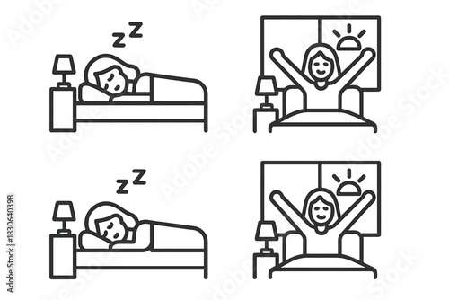 Woman sleeping and waking up sequence depicting daily routine and healthy lifestyle