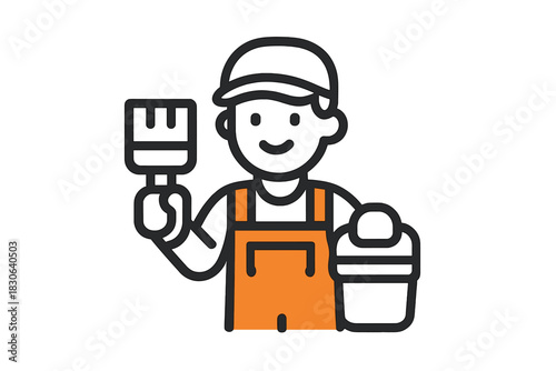 Smiling professional painter holding a brush and paint bucket wearing orange overalls