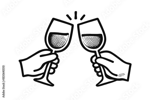 Black and white drawing of two hands holding wine glasses clinking together in a celebratory toast gesture
