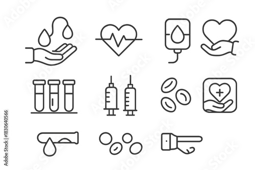 Outline medical icons for blood donation, cardiology, laboratory testing, and healthcare