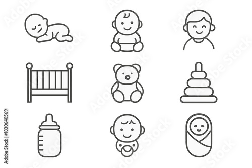 Essential baby and newborn care items including crib, feeding bottle, pacifier, and toys