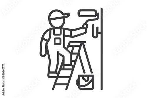 Professional painter standing on a ladder using a roller to paint a wall during home renovation work