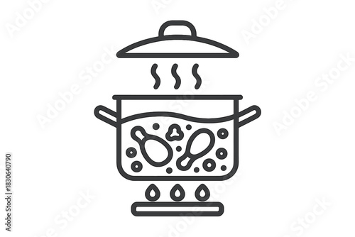 Cooking pot boiling meat on a stove with steam rising from the open lid for food preparation