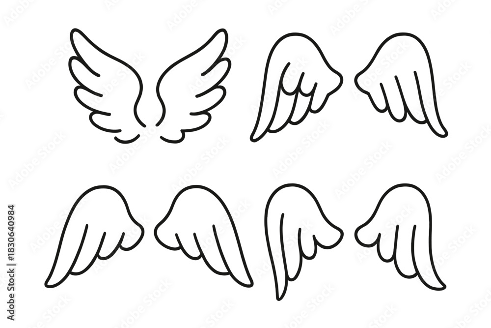 Fototapeta premium Minimalist set of simple hand drawn angel wings in doodle outline style
