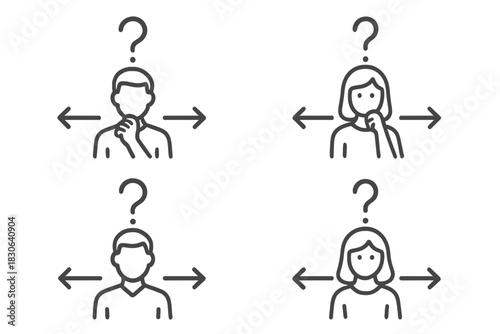 People facing choice dilemma symbolized by question marks and directional arrows