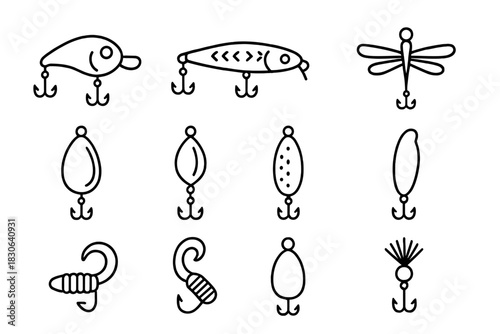 Various fishing lures, baits, and tackle equipment for angling and sport fishing