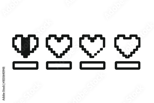 Four pixelated hearts health and life meter graphic for retro video game interface