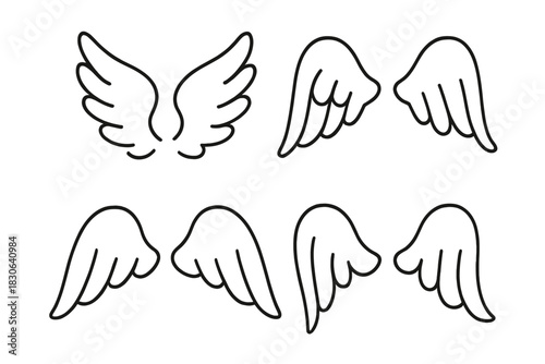 Minimalist set of simple hand drawn angel wings in doodle outline style