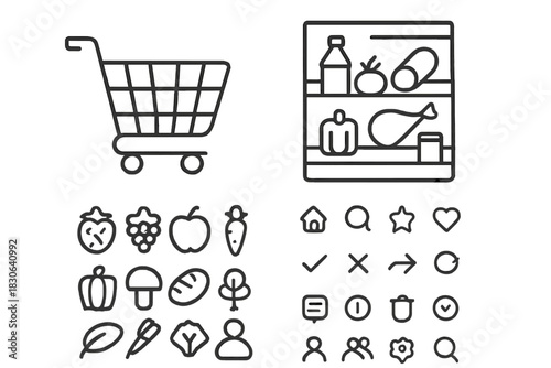 Set of essential icons for grocery shopping, food delivery, and user interface design