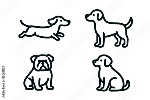 Simple black outline icons of various domestic dogs including a running dachshund and a sitting bulldog