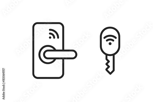 Smart door lock system and wireless key icon set representing modern security technology