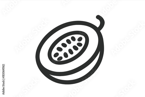 Simple black and white line art of a halved tropical papaya fruit showing seeds