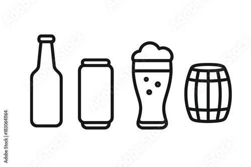 Line art icons of beer packaging and serving including bottle, can, glass, and wooden barrel
