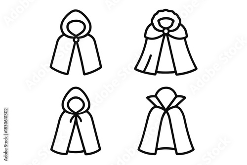 Collection of outline icons depicting various styles of hooded capes and dramatic cloaks