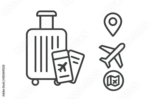 Suitcase, airplane tickets, location pin, flight, and map icons for travel and tourism