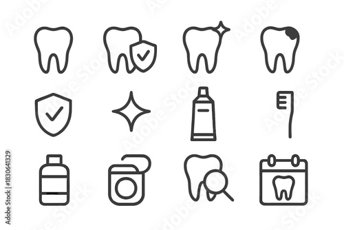 Minimalist line icons representing dental care, oral hygiene, and professional tooth examination