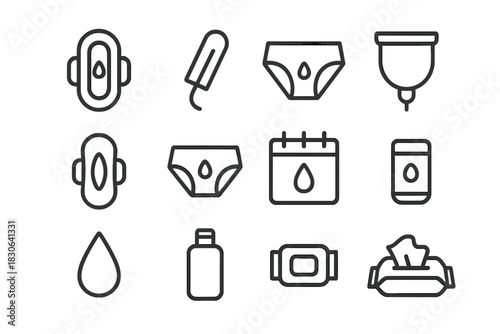 Menstrual period hygiene set featuring sanitary pads, tampons, cups, and tracking calendar