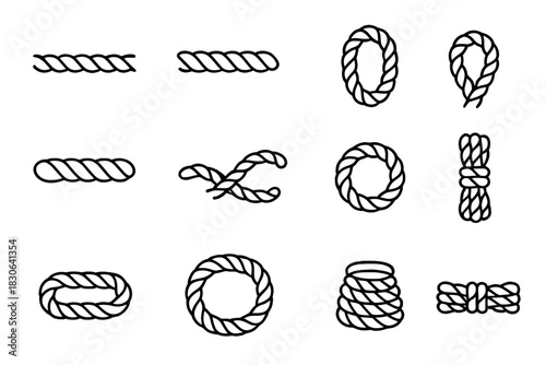 Collection of various rope elements including twisted segments, circular loops, and tied bundles