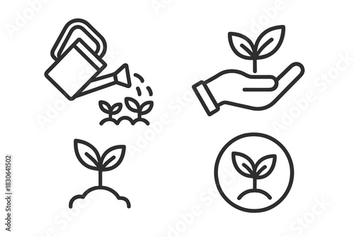 Line art symbols illustrating plant care, gardening, and environmental sustainability