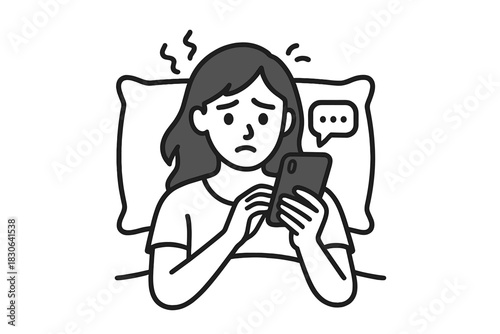 Upset young woman lying in bed checking phone feeling stressed about social media