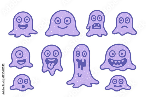 Cute purple cartoon blob monsters displaying various facial expressions and emotions