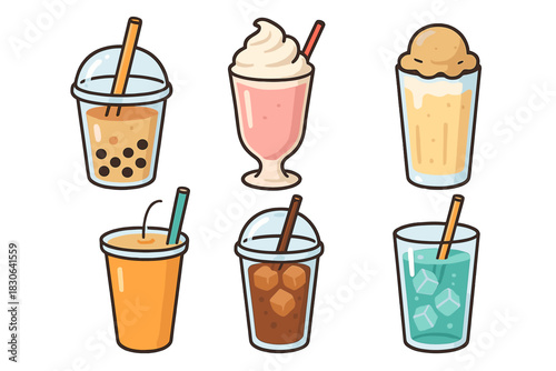 Assortment of six refreshing summer cold drinks including bubble tea and iced coffee