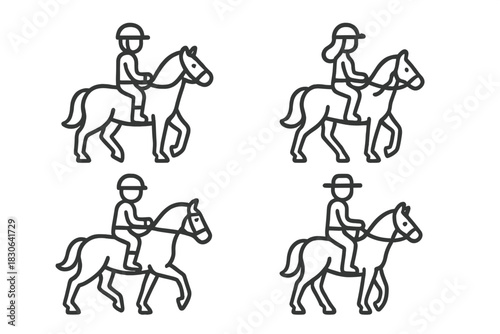 Simple outline icons of riders on horseback for equestrian sports and activities
