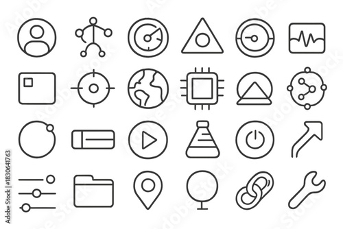 Essential line icons for user interface design covering settings, data, navigation, and connectivity symbols