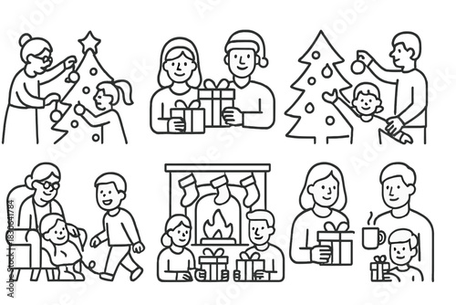 Families celebrating winter holidays, decorating Christmas trees, exchanging gifts, black and white line art