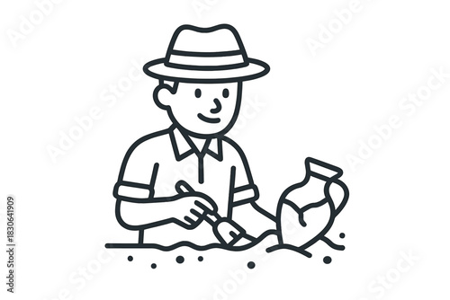 Smiling archaeologist wearing a fedora hat carefully digging up a historical ceramic artifact