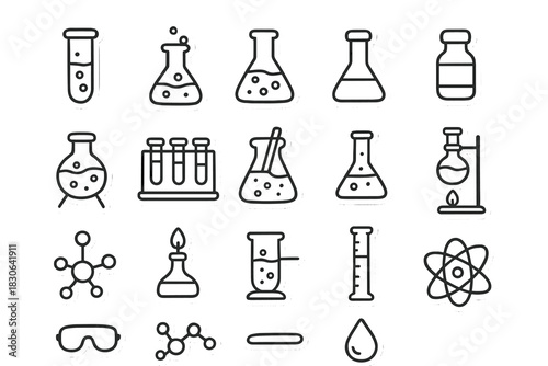 Outline icons of chemistry laboratory glassware and scientific research symbols