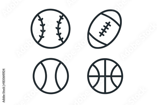 Minimalist outline symbols of baseball, basketball, tennis, and football balls