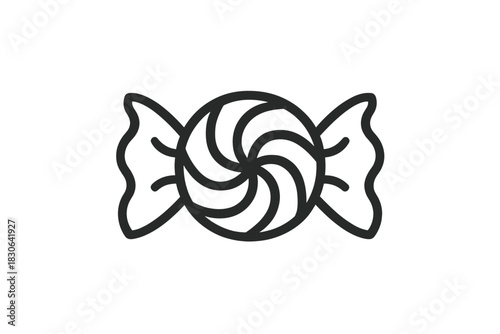 Minimalist black and white outline drawing of a wrapped swirl candy or lollipop sweet treat