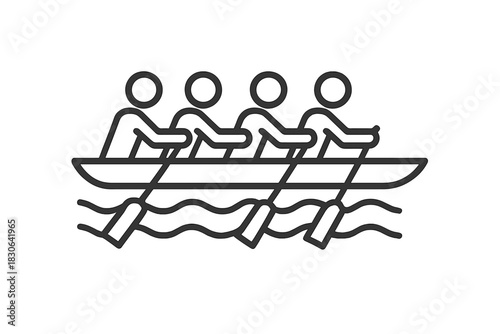 Black outline of a four-person rowing crew racing in a boat on wavy water