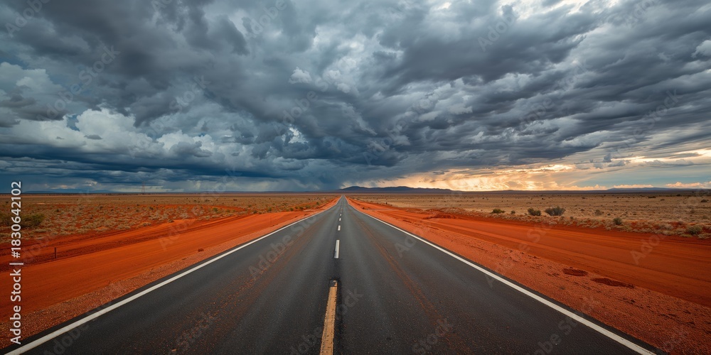 Fototapeta premium Outback Queensland road with stormy sky, emphasizing travel adventure and remote landscape, Earth Day