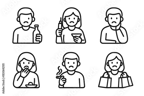 Outline symbols representing different types of addiction, compulsive behaviors, and harmful habits