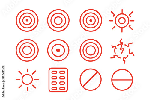 Medical pain localization targets, headache lightning, fever heat, and medication pill pack icons