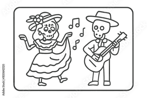 Traditional Mexican skeletons dancing and playing guitar for Day of the Dead celebration