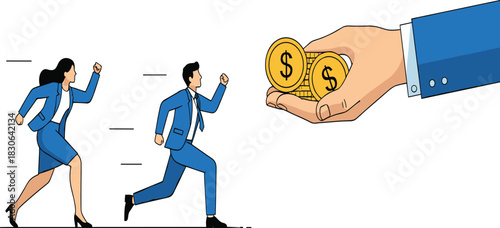 Businessman and Businesswoman Running in a Race Towards a Large Hand Holding Gold Coins, Representing Financial Competition and Reward Vector.